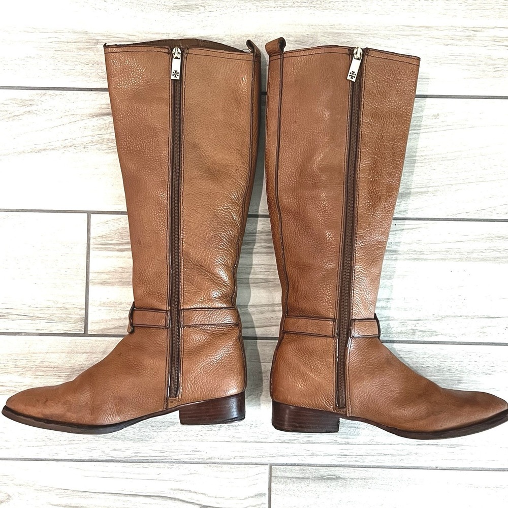 Tory Burch Amanda Riding Boot Women Tan Pebbled Leather Gold Logo Good Condition - Picture 4 of 11